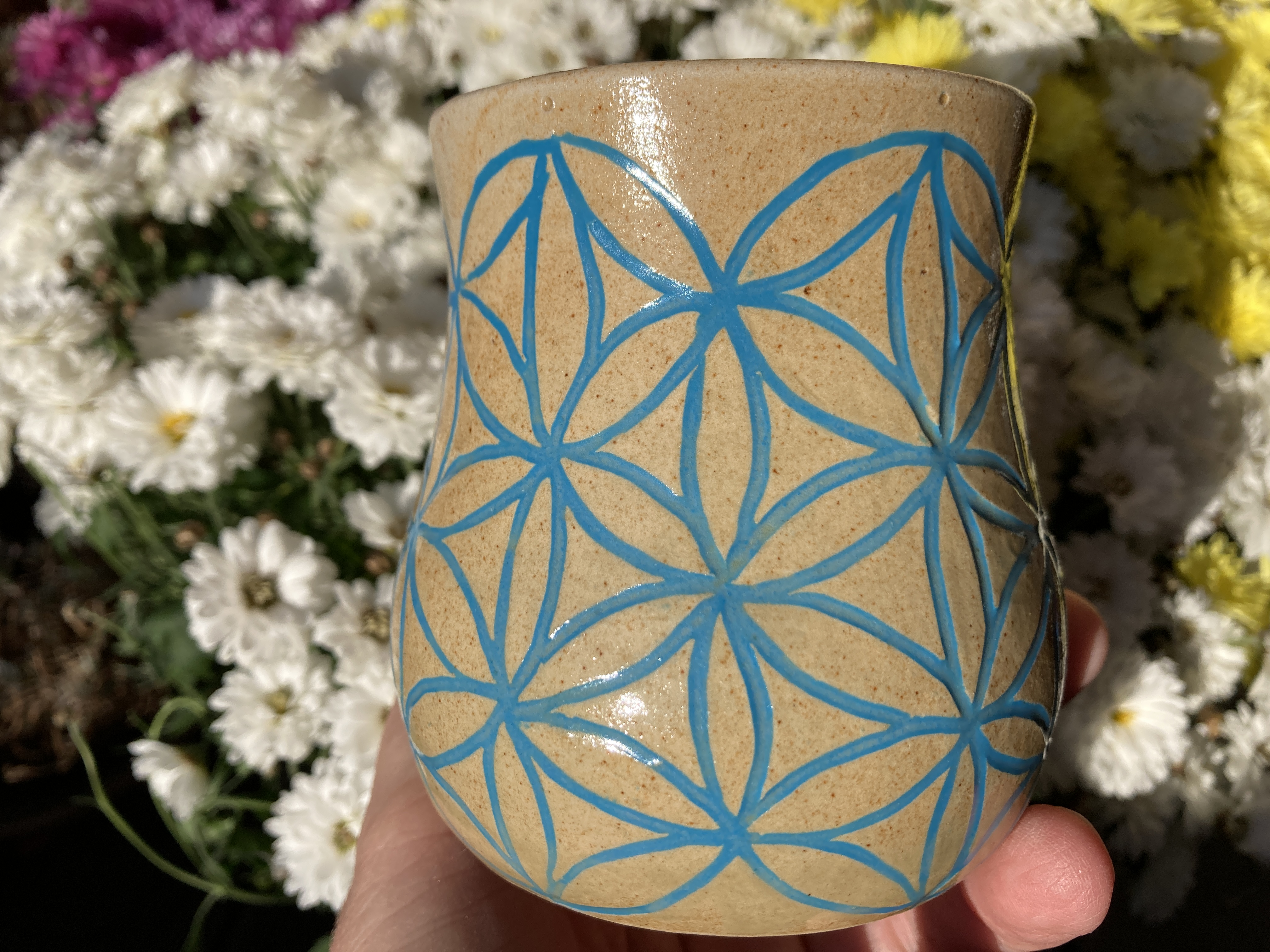 Tasse Blume des Lebens blau Sgraffito  